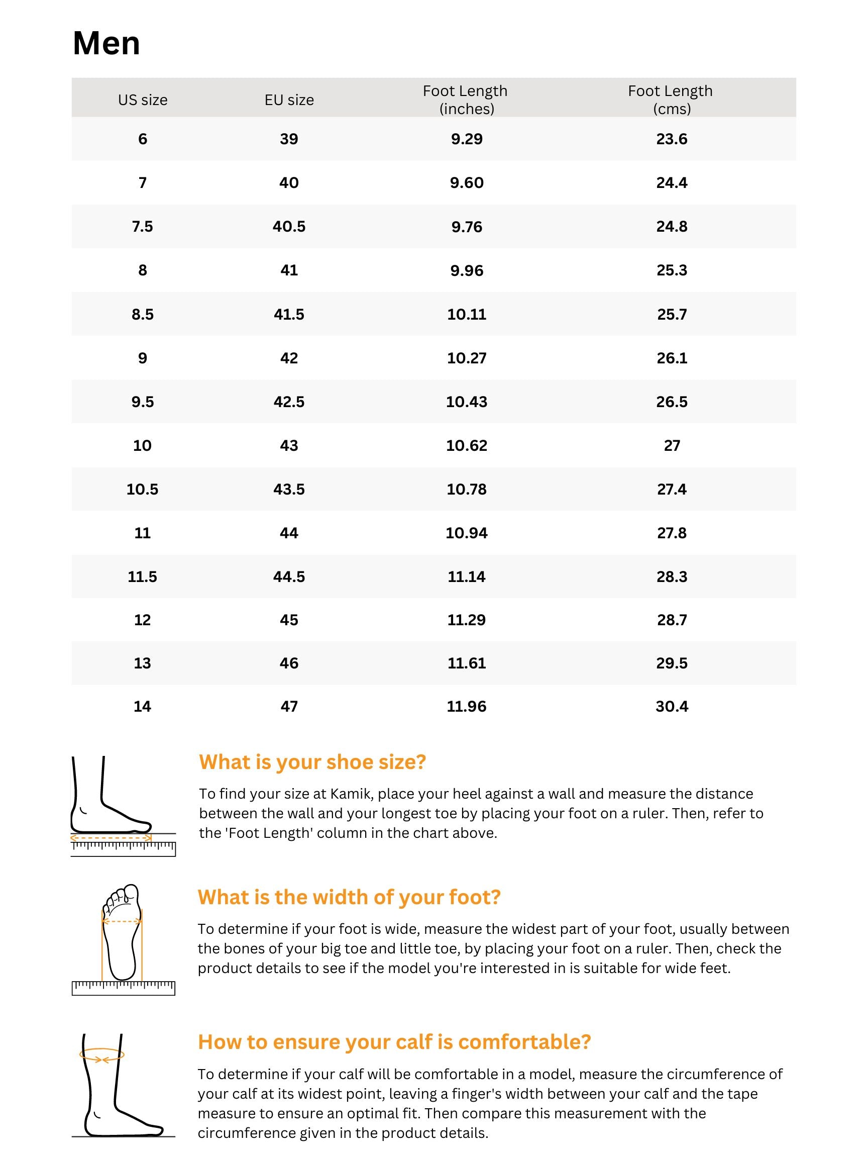 Sizing chart for EMPIRE X